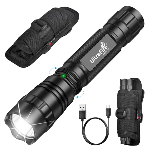 UltraFire Wiederaufladbare Taktische Taschenlampe mit Holster, 1000 Lumen 3 Modi Polizei Taschenlampe mit Gürtelholster, Safety Taschenlampen für...