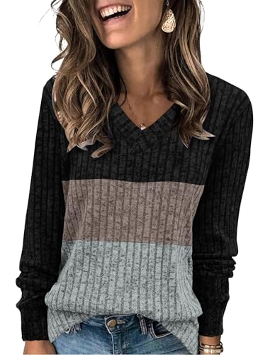 Image of Aokosor Long Sleeve Tops Women UK- V Neck Jumpers for Women Ladies Basic Lightweight Tunic Khaki-Grey Size 14-16