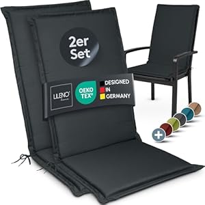 LILENO HOME Gartenstuhl Auflagen [2er Set - Hochlehner] in Anthrazit - Bequeme Liegen als Sitzauflagen für Gartenmöbel - Stuhlkissen für Gartenstühle und Klappstühle MIA
