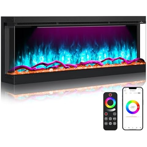 OSEYM 3 Sided Electric Fireplace Insert, 50" Smart Wi-Fi Wall Recessed Built-in Fireplaces Heater 1500/750W with APP & Remote Control, 251RGB Color Combinations, 3 Group Lights, Timer, Log & Crystal Cover