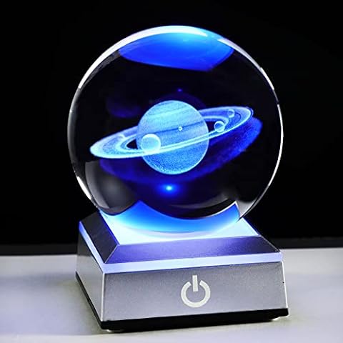 Ornalrist 80mm 3D Engraved Saturn K9 Crystal Ball with Silver LED Base Solar System Glass Sphere Miniatured Saturn Planet Birthday Gifts for Astronomy Home Decorations (3.15 in. Saturn) Cover