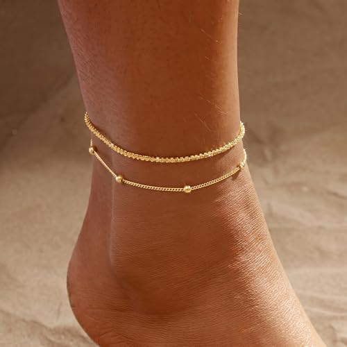 Image of 2 /3 PCS Gold Anklets for Women Waterproof Cuban Link Anklet Beaded Bracelets Stackable Bracelets 14K Gold Plated Custom Jewelry Gifts Non Tarnish Lightweight