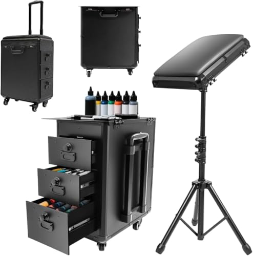 TTeralmon 2 in 1 Tattoo Travel Case with Tattoo Armrest Stand and 3 Drawers Traveling Tattoo Case Portable Tattoo Station Tattoo Carrying Case Tattoo Workstation