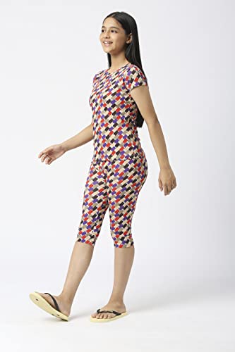 Image of SINI MINI Round Neck with Half Sleeve Top & Capri Beige Girls Casual Pack of 1 Night Suit Set