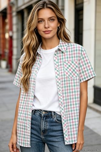 Image of SANGTREE Girls Women Plaid Shirt Short Sleeve Button Down Summer Blouses