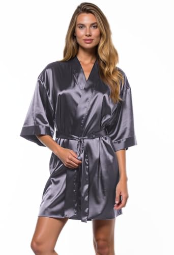 Image of Turquaz Women's Bride Bridesmaids Robe - Satin Kimono Robes for Wedding & Bridal Party Silk Like Lightweight Robes for Women, Charcoal, XX-Large