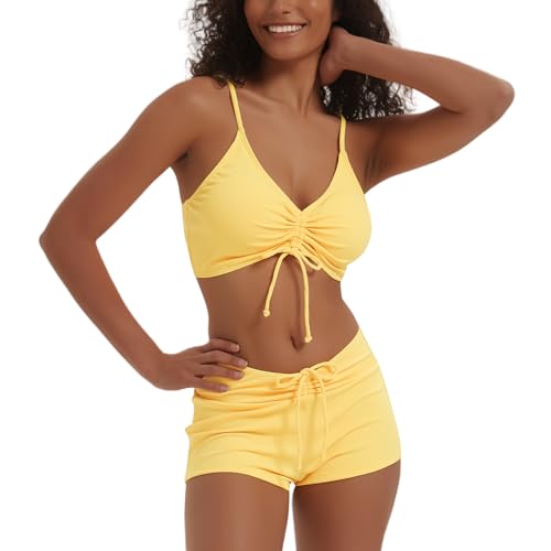 meioro Solid Swimsuit for Women Tie Front Shorts Bikini Two Piece Swimwear Athletic Bathing Suits High Waist Swimming Suit(Yellow,M)