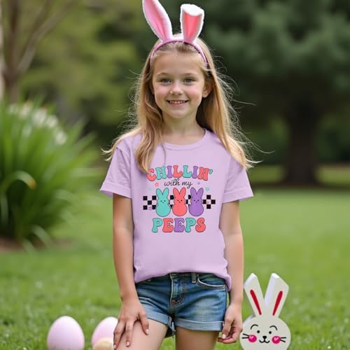 Image of Girls Easter Bunny Shirts Chillin with My Peeps Letter Print T-Shirt Cute Rabbit Short Sleeve Tee Tops