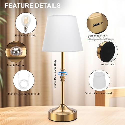 Rechargeable Cordless Lamp, 5000mAh Battery Operated Table Lamp, Wireless 3-Level Dimmable Touch Lamp, Portable Night Bedside Brass Lamp, Desk Light for Home Decor, Patio, Restaurant, Dinning - Image 6