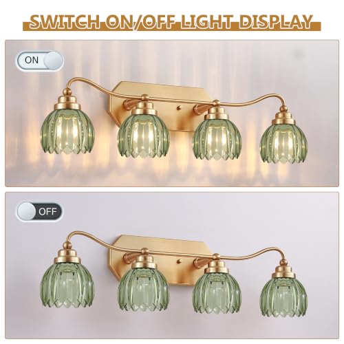 Image of Vintage Gold Vanity Lights, 4 Light Tulip Crystal, Antique Brass Finish | Brushed Gold Bathroom Light Fixtures, Green Wall Sconce Ideal for Bedroom, Living Room, E26 Compatible, Easy Install