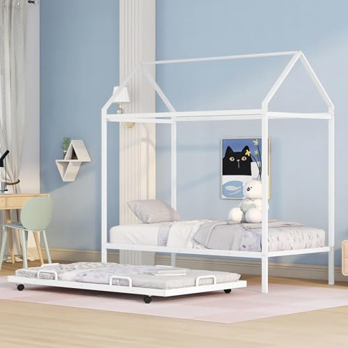 Rask Wood Twin Size Metal House Shape Platform Bed with Trundle, Built-in Ladder & Solid Metal Slat Support for Kids Teens Girls Boys Bedroom, No Box Spring Needed (White)
