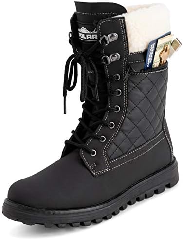 POLAR Womens Memory Foam Outside Pocket Inside Zip Thermal Waterproof Deep Tread Rubber Sole Snow Boots - Black Leather/Beige Shearling - EU39/US8 - YC0621