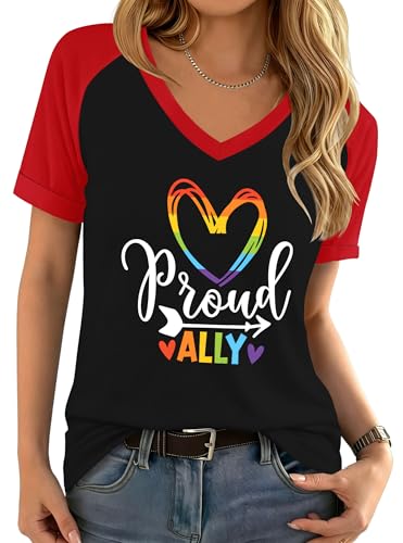 OCURHU Proud Ally Shirt Women LGBTQ Proud Pride Month Tee Rainbow Top XL