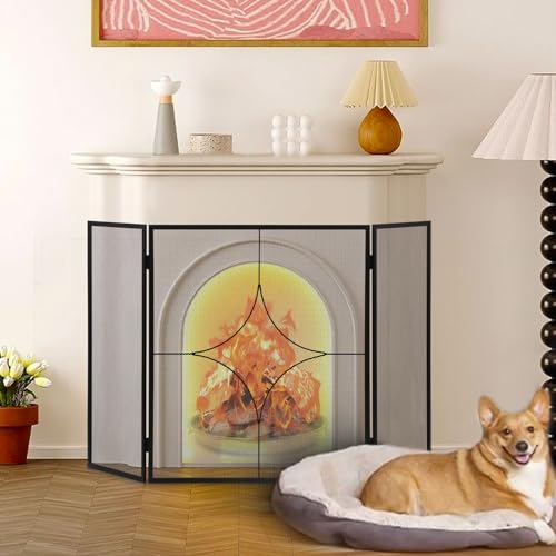 FEED GARDEN 3 Panel Fireplace Screen 48\" W x 27.5\" H Modern Foldable with Wrought Metal Decorative Mesh,Arch Heavy Duty Fire Spark Guard Cover for Home Decor Indoor, Black - Thumbnail 6