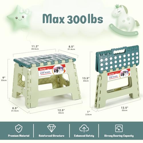 ACSTEP 9 Inch Folding Step Stool 300 LB Capacity Plastic Foldable Step Stools for Kids and Adults, Folding Stool Suitable for Kitchen, Stepping Stool with Handle Bicolor Green Small Step Stool 1PC