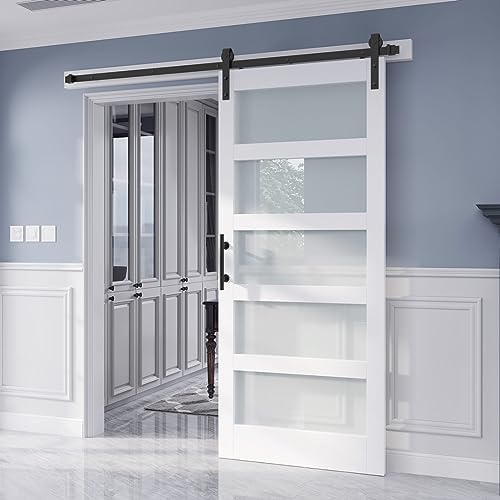 FREDBECK Frosted Glass Barn Door - 36"x84" 5-Panel Sliding Door With Hardware Kit (Fits 33-34" Openings)