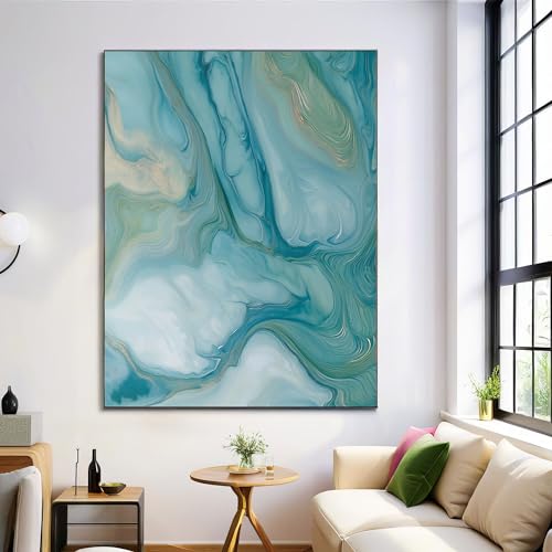 Peinture abstraite bleu-vert contre les murs vides : grand tableau déco marbre 120x80