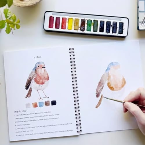 Image of Watercolor Workbook, Water Coloring Book, 12 Different Patterns of Original DIY Designs, 12 Colors Watercolor Paint Set with Palette and Brush, Beginner-Friendly Watercolor Workbooks(Birds)