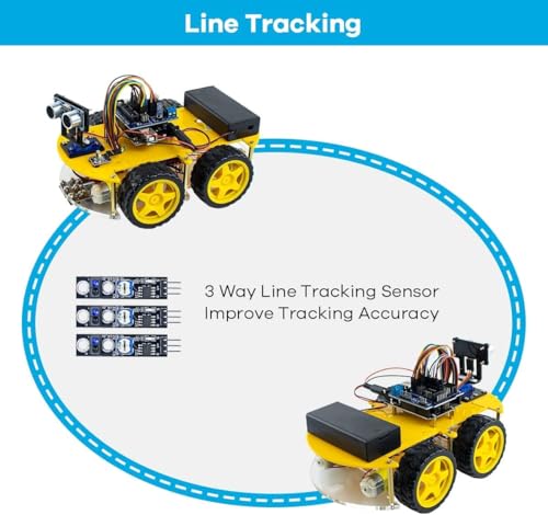 Image of Smart Robot Car Kit for Beginners with UNO R3 Board, Ultrasonic Sensor, Line Tracking, IR Remote Control and DIY Assembly, STEM Robotics Learning Kit Compatible with IDE