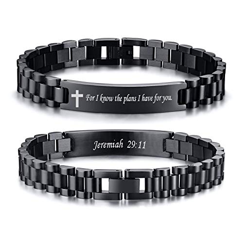 VNOX Personalized Religious Jewelry-Engraved Inspirational Christian Faith Bible Verse Quote Wristbands Elegant Link Bracelet Encouragement Gift,Cassic Watch Band Strap Design Black Cross-Je