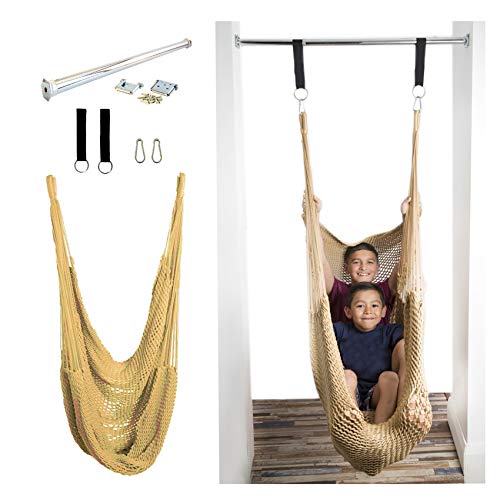 DreamGYM Mesh Therapy Swing with Doorway Support Bar - Net Sensory Swing - Soft Beige