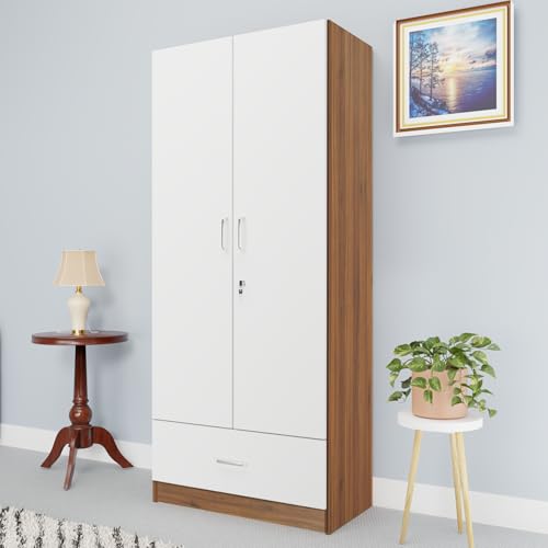 Image of VIKI Wardrobe |Wooden Almirah for 2 Door Wardrobe with 1 Drawer & Hanging Space (Walnut |White - 40D x 80W x 180.8H) | 1 Year Warranty | Free Assembly