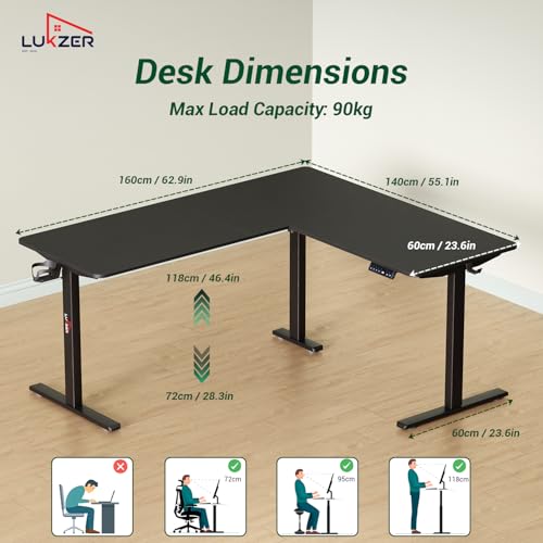 Image of Lukzer L-Shape Electric Height Adjustable Desk with USB & Type-C Port Digital Display Advance Memory Preset Sit Stand Home Office Table (EST-001 /UC-Black & Black /160x140 cm) DIY with 3 Years Warranty
