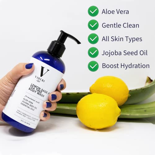 Videri Lemon Sage & Tea Tree Body Wash - Essential Oils, Aloe Vera & Jojoba - Antioxidant Rich, Gentle On Skin & Fresh Citrus Scent - Cruelty, Sulfate & Paraben Free, Vegan, Large 12 Fl Oz #TOP2