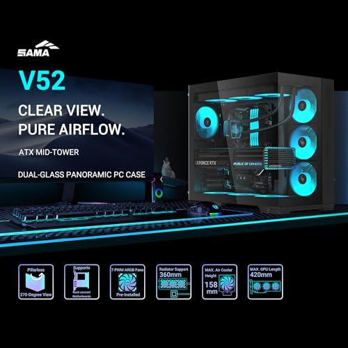Image of SAMA V52 PC Case with 7 ARGB Fans and Hub, Full View Tempered Glass Mid Tower Gaming Case, Type-C, High Airflow, Supports ATX /Micro-ATX /Mini-ITX, Supports 420mm GPU & 360mm Radiator, Black