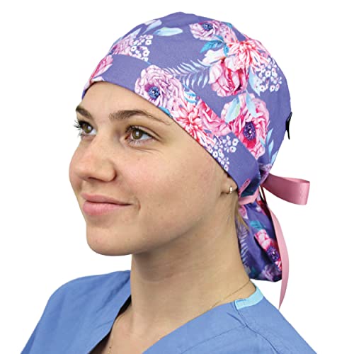 Image of Scrub Cap for Women and Men, Ponytail Scrub Caps, Working Hat, Head Cover with Ribbon Ties and Buttons, Long Hair