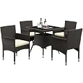 Yaheetech 5-Piece Patio Furniture Set, Outdoor Rattan 4 Dining Chairs & Tempered Glass Table with Umbrella Hole, for Garden Backyard Deck Balcony, Brown/Beige