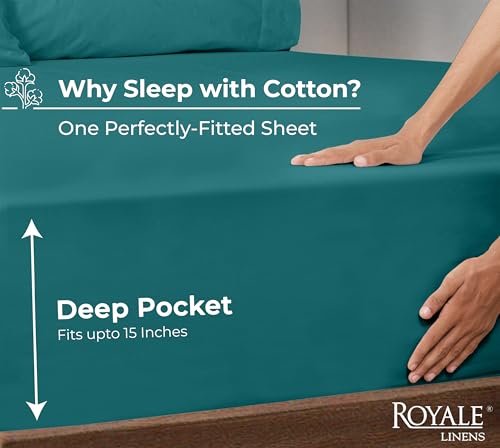 Image of Royale Linens 100% Organic Cotton Fitted Sheet - Percale Weave - Super Soft Deep Pocket Bottom Sheets - Elastic Sheet Twin Size - Twin Fitted Sheets Only - (39 inchx75 inch+15 inch, Teal)