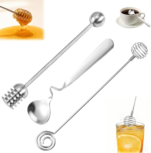 Rayakt 3 PCS Honey Spoon Set Stainless Steel Jam Spoon Sliver Honey Stirrer & Spiral Stirrer with Long Handles Kitchen Mixing Tools for Honey Jam Syrup Yogurt Coffee