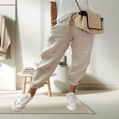 Generic Womens Casual Linen High Waist Pants Drawstring Loose Fit Summer Flowy Beach Palazzo Trousers with Pockets2