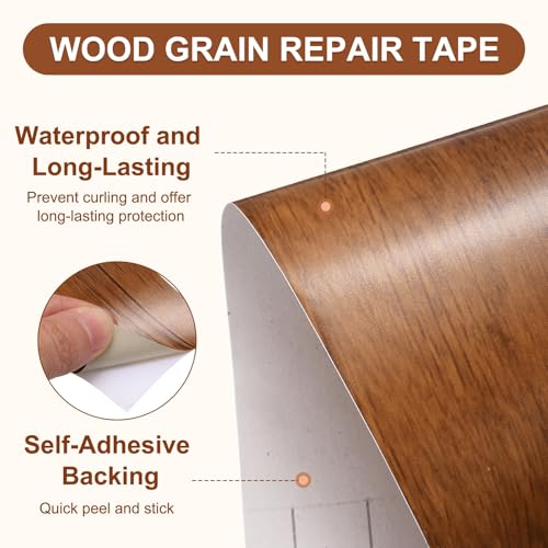 Image of MECCANIXITY Wood Grain Repair Tape, 2 Inch x 16 Feet Self Adhesive Wood Grain Tape Multi-Purpose Wallpaper Border Trim for Furniture Floors Windows Doors Tables Home, Light Brown