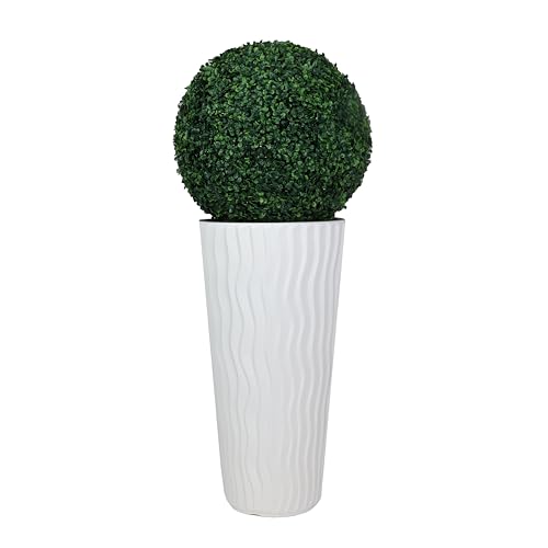 B4y Home dESING Buchsbaum Kugel Ø60cm künstlich mit Hoch Topf Pflanzkübel Gartendeko Terrasse Kugelbaum 130cm Gesamthöhe sehr groß wie echt (Topf weiß)