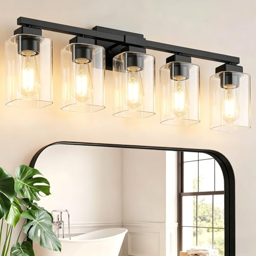 BesLowe 31' 5-Light Bathroom Light Fixture, Modern Black Bathroom Vanity Light, Bathroom Lighting...