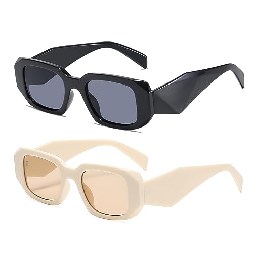 Image of Long Keeper Trendy Rectangle Sunglasses – Thick Rim Retro Square Womens Sunglasses Fashion Designer Irregular Rectangle Vintage Ladies Sunglasses, Black + Beige