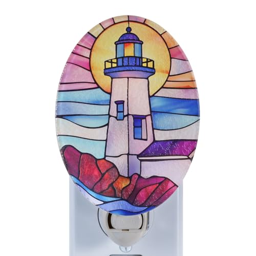 Image of Lighthouse Stained Glass Styled Night Light Plug in - Made with Real Glass, Bulb Included, On /Off Switch - Nautical Beach Theme Bathroom, or Beach House Accent Light Pink Skies