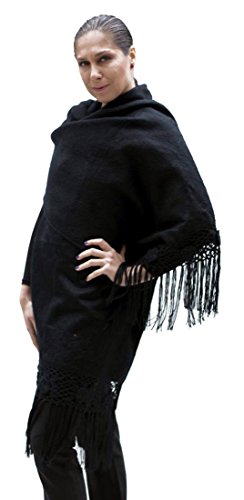 Alpaca Wool Winter Shawl Wrap with Crocheted Fringe from Peru, Black