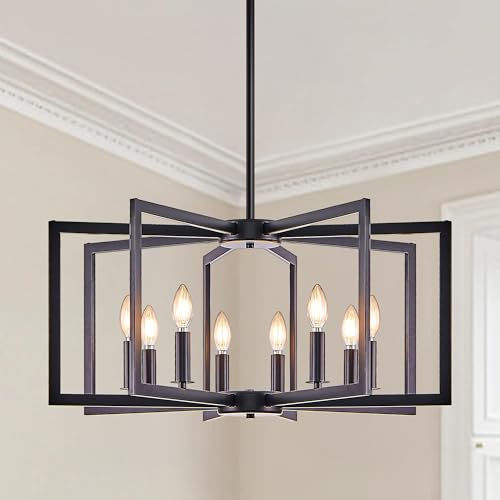27" Modern Black 8-Light Geometric Chandelier–Adjustable Industrial Ceiling Light Fixture