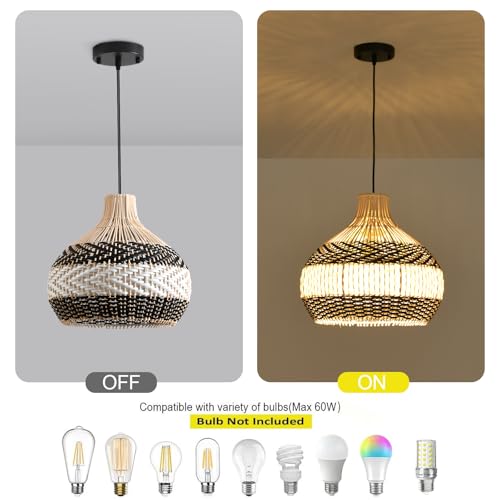 Teru Ji Kaikang 15" Rattan Pendant Light,1-Pack Hand-Woven Black White Faux Rattan Hanging Light 3-Light Boho Basket Wicker Chandelier for Living Room Bedroom Kitchen Dining Hallway by Teru Ji Kaikang - Used condition - Image 3