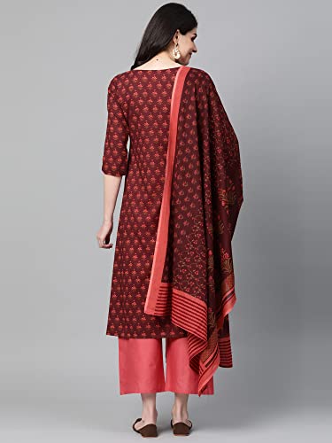 Image of INDO ERA Women's Floral Printed Pure Cotton A-Line Kurta With Pant & Dupatta Set (IE00KS0MR1614)