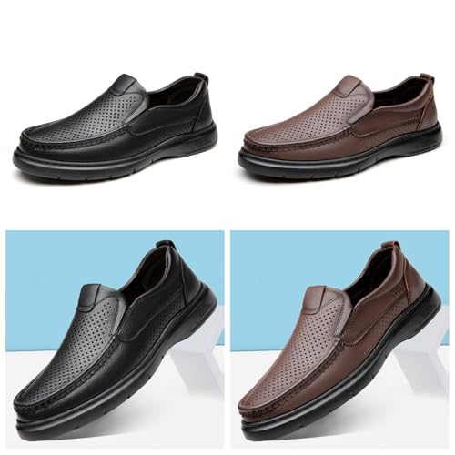 Mens Breathable Hollow Leather Slip-On Flats Loafers Casual Lightweight Comfort Round Toe Boat Shoes for Business Party Walking Driving2