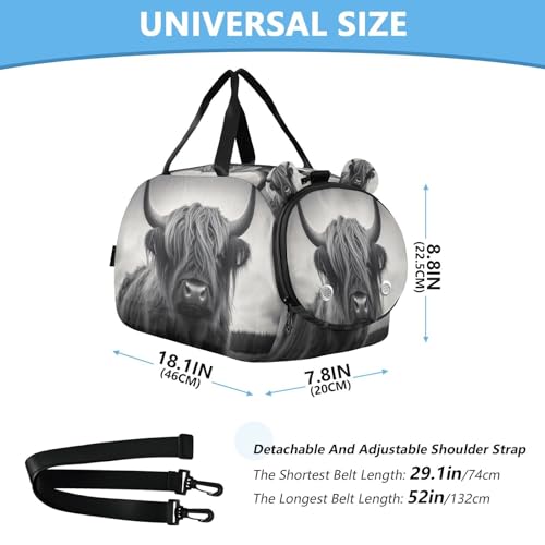YETTASBIN Sport Travel Duffel Bag for Girls Boys, Highland Cow Large Waterproof Weekender Overnight Bag, Detachable Shoulder Strap Gym Bag with Shoe Compartment & Wet Pocket3
