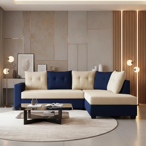 Image of SOCOZI Oriana 4 Seater RHS L Shape Sofa Set | Soft Velvet Suede Fabric | Modern Design | Plush Comfort Cushions for Living Room (Dark Blue-Cream)