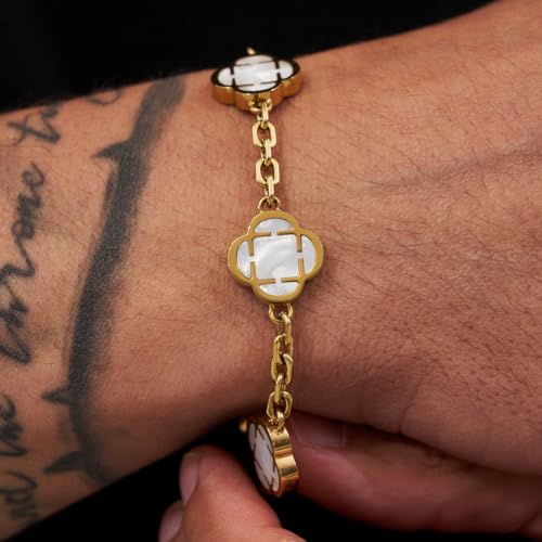 CRAFTD - White Mother of Pearl Clover Stone Gold Bracelet - Durable 18K Gold & 316L Stainless Steel - Waterproof, Heat & Sweat Resistant - Gifts for Men - Men's Jewelry - Image 4