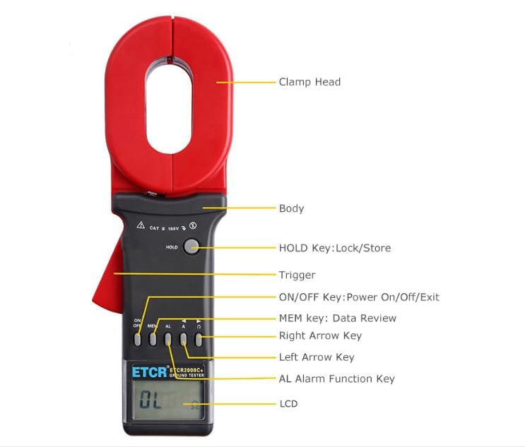 Clamp On Ground Earth Resistance Tester Meter Multi-Function Ground Resistance Clamp Meter with Resistance Range 0.01 to 1200Ω Current Range 0 to 20A