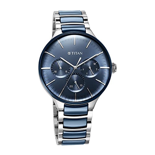 Titan Ceramic Fusion Quartz Multifunction Blue Dial Silver Dual-Toned Stainless Steel Bracelet Watch for Men-NS90148KD02 - Image 2