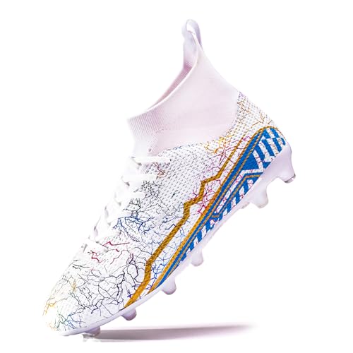 XGHRIAN Soccer Cleats Mens Football Cleats Professional Soccer Shoes High-Tops Lace-Up Non-Slip Spikes for Big Boys Wide Training Sneaker,White,US Men 9.5